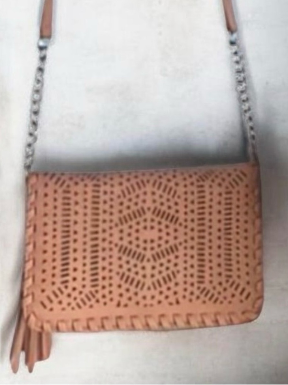 Madison West Unique Tan Laser-cut Flap Clutch Crossbody Bag with Tassel